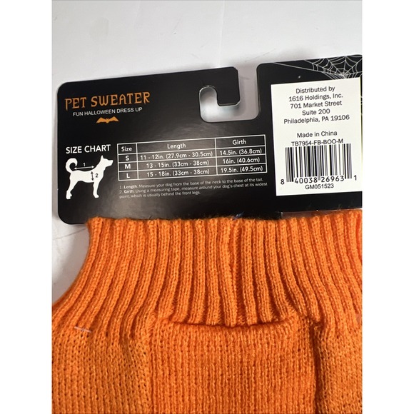 BOO Dog Pet Sweater NWT Orange Costume Puppy Cat Ghost Pumpkin-Med‎ - Picture 3 of 3
